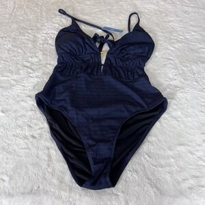 Cupshe One Piece Swimsuit Navy Blue Textured Smocked V-Neck Size XL NWT